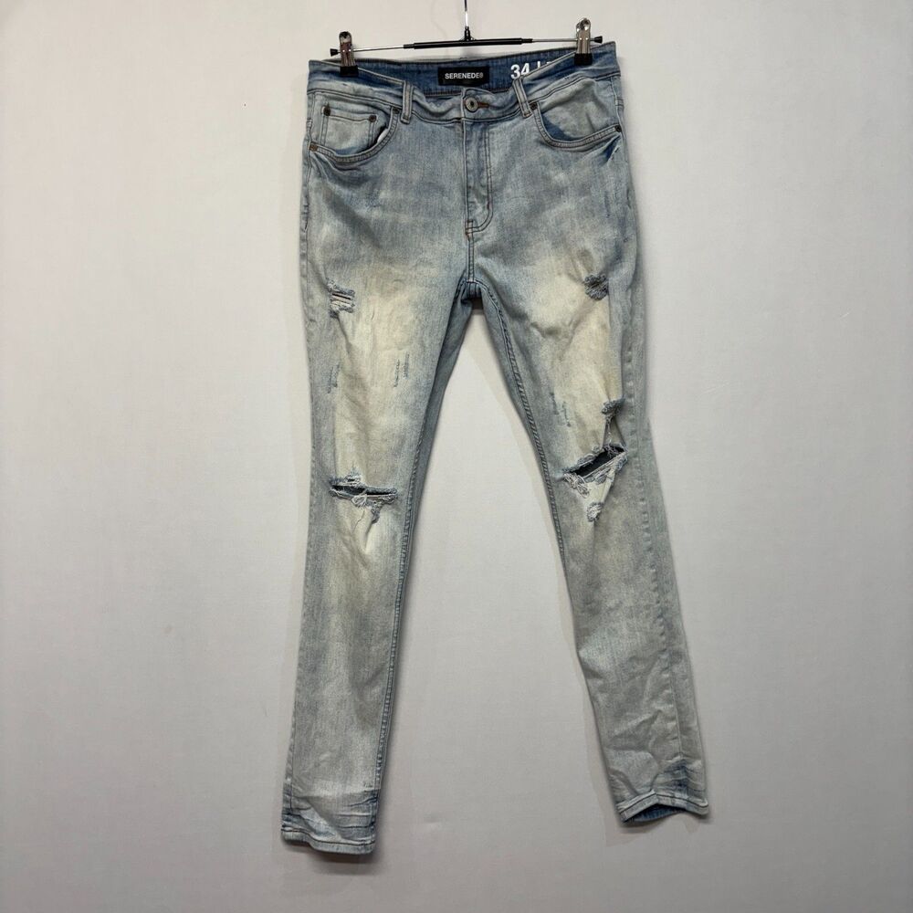 Serenede Men Fitted Skinny Jeans Size 34 Blue Denim Distressed C048 -28